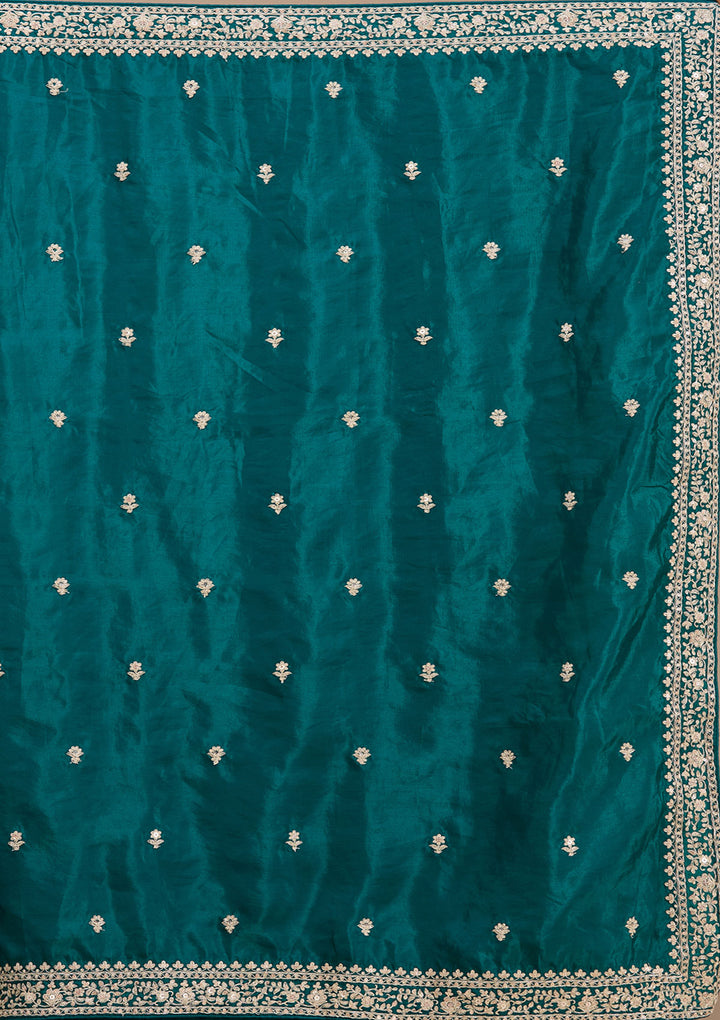 Rama Green Satin Cording Saree With Matching Blouse Piece