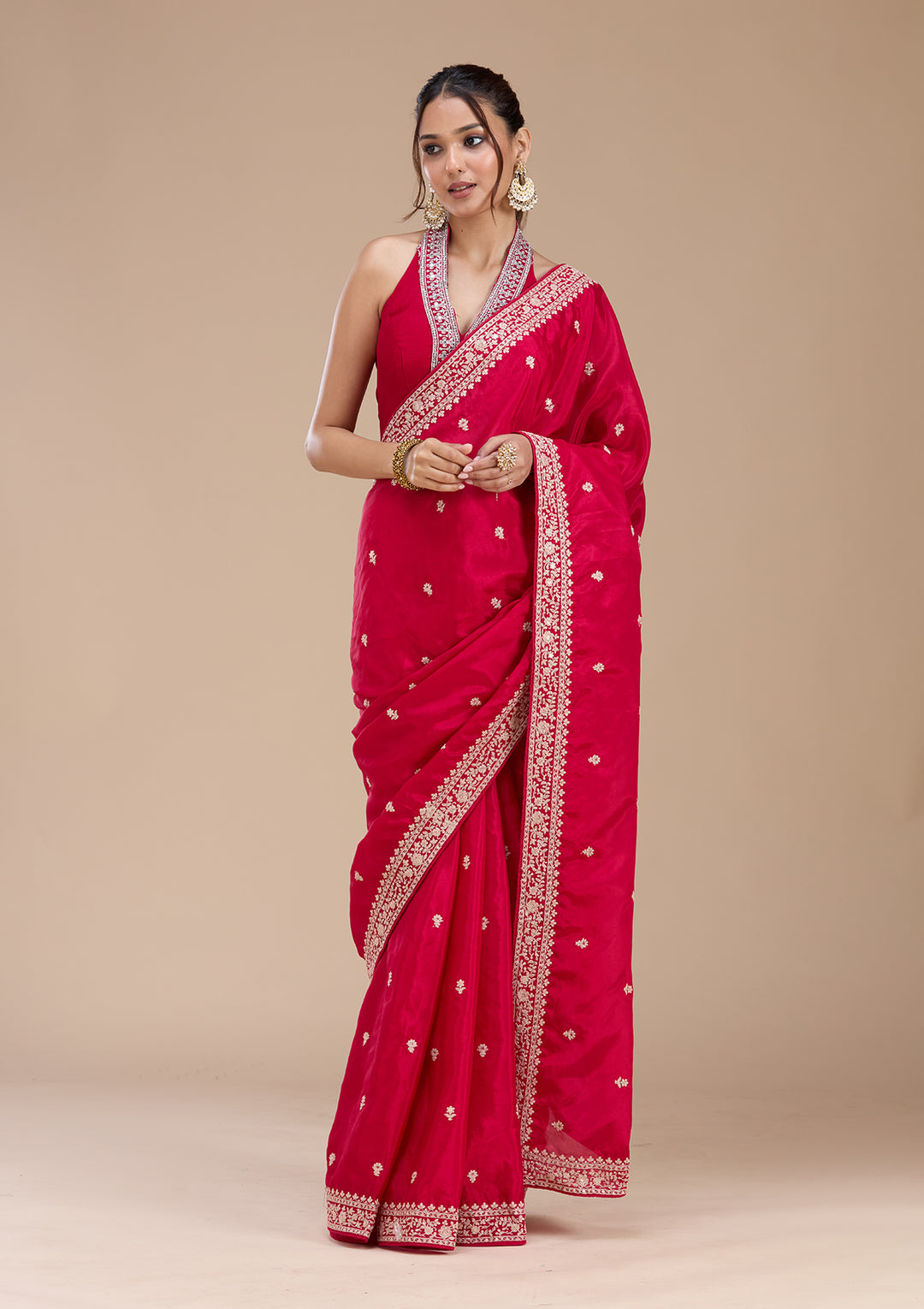 Rani Pink Satin Cording Saree With Matching Blouse Piece