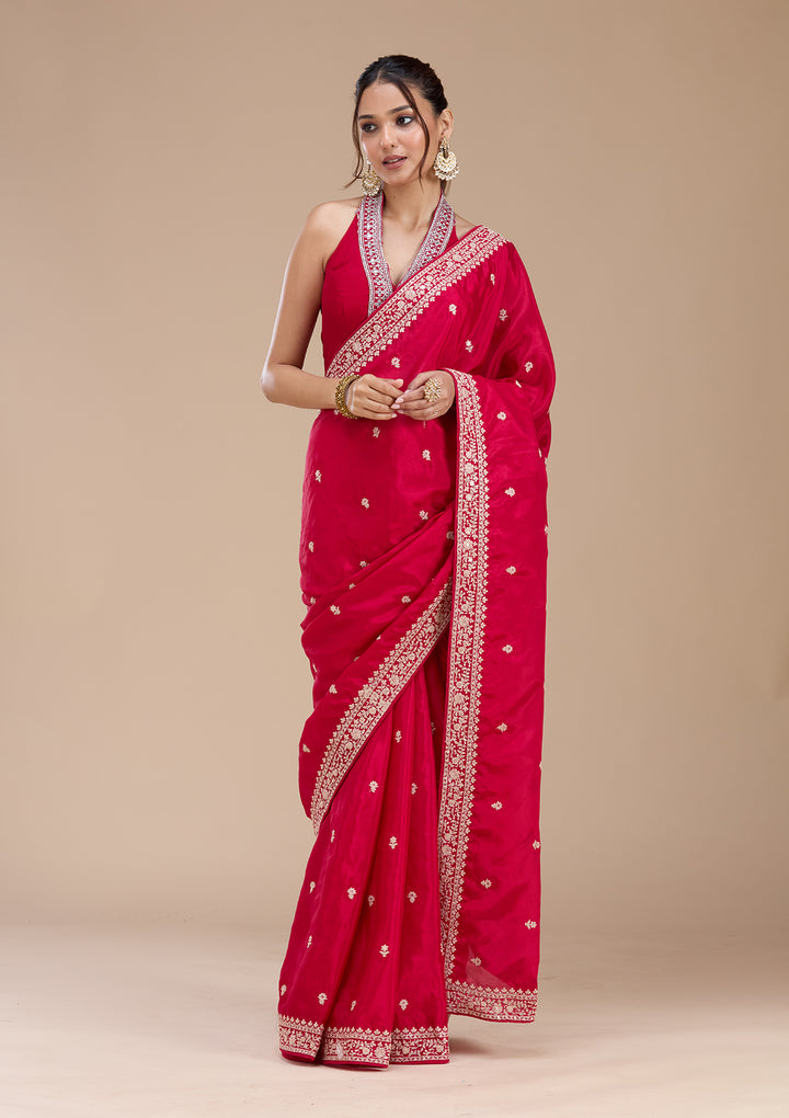 Rani Pink Satin Cording Saree With Matching Blouse Piece