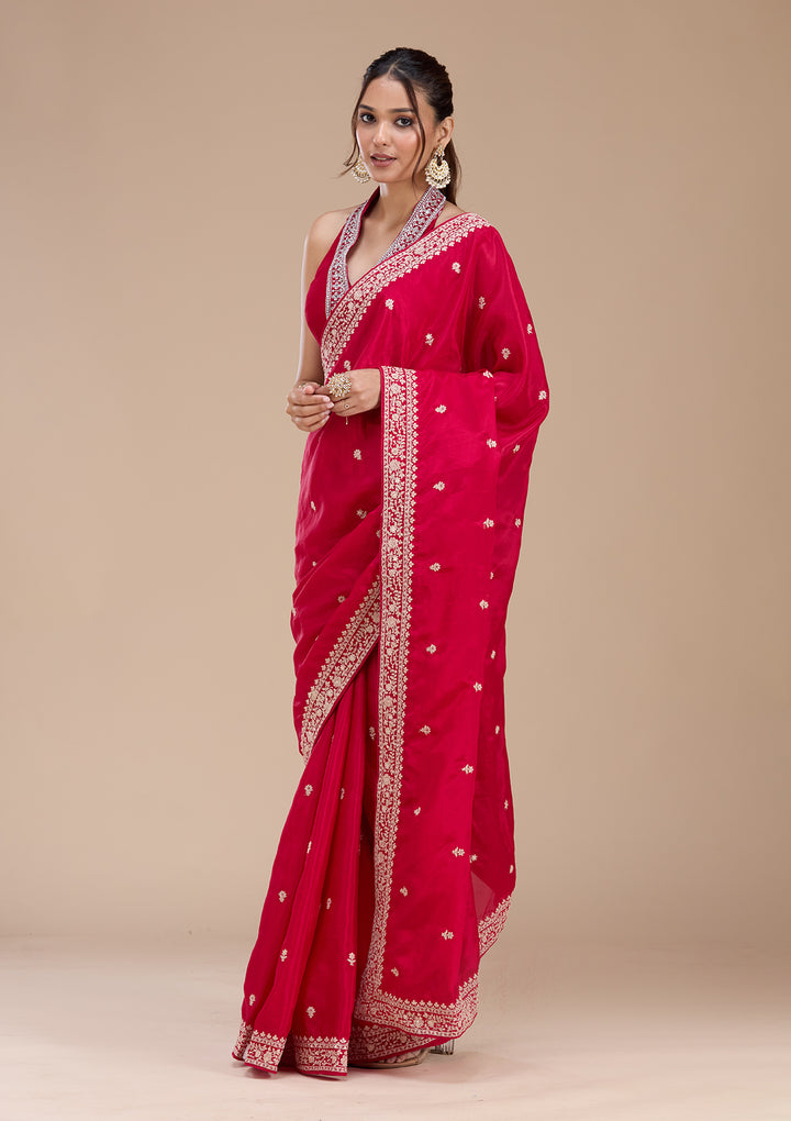 Rani Pink Satin Cording Saree With Matching Blouse Piece
