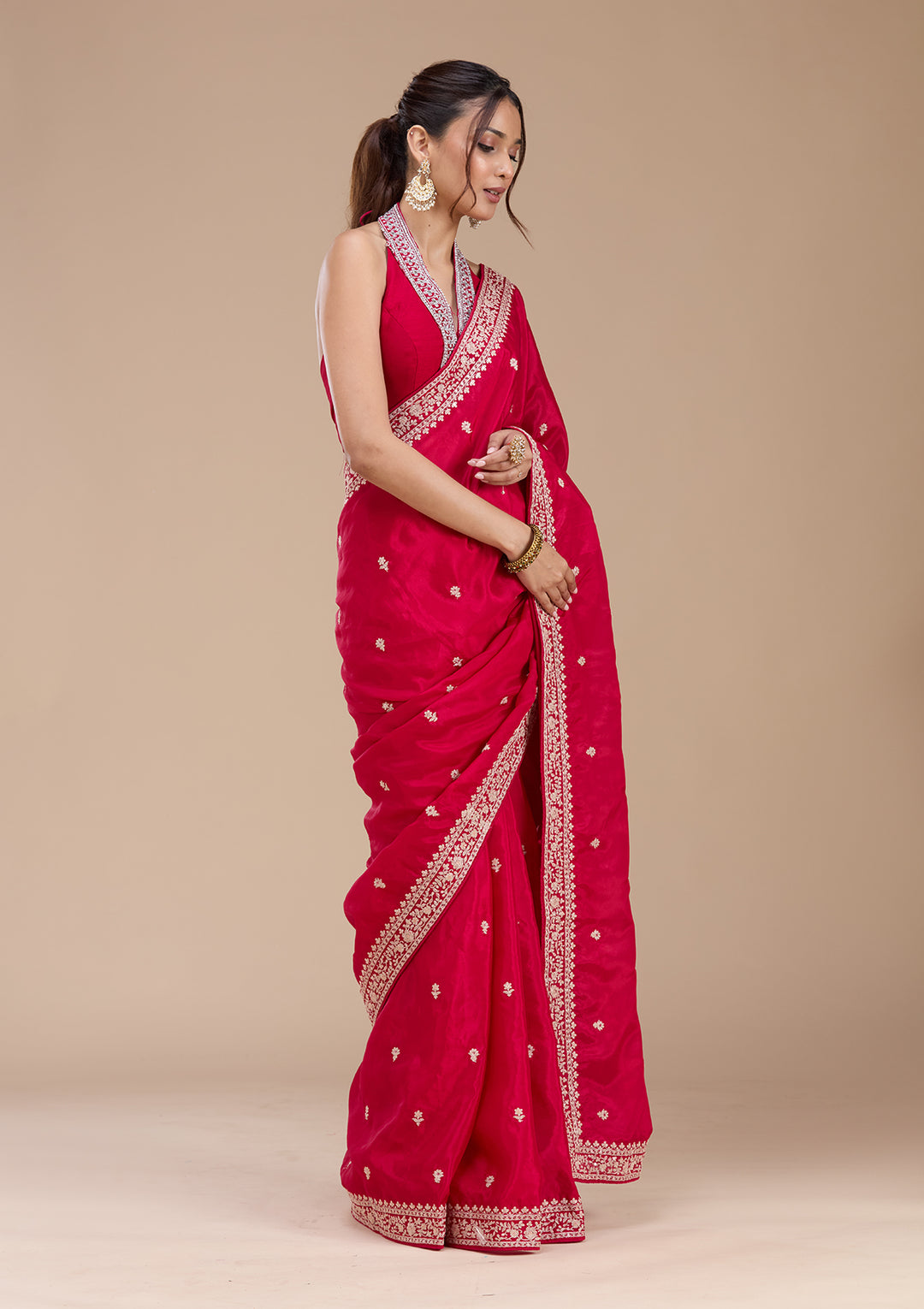 Rani Pink Satin Cording Saree With Matching Blouse Piece