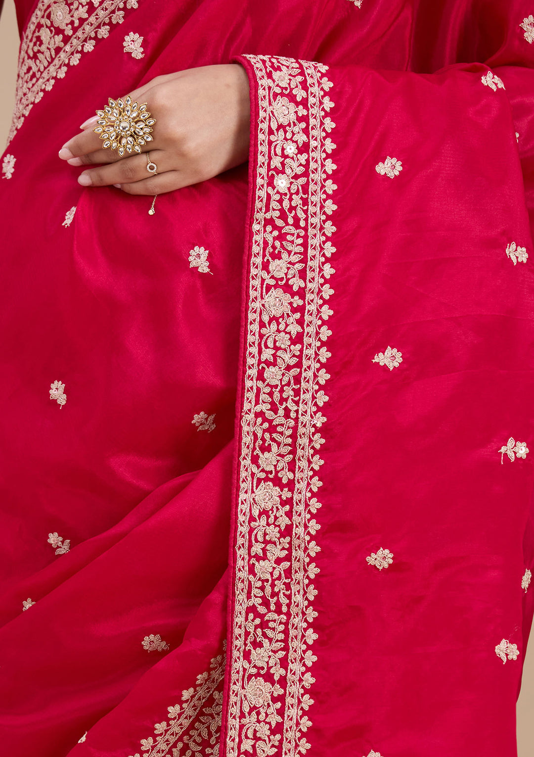 Rani Pink Satin Cording Saree With Matching Blouse Piece