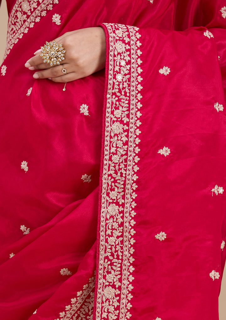 Rani Pink Satin Cording Saree With Matching Blouse Piece