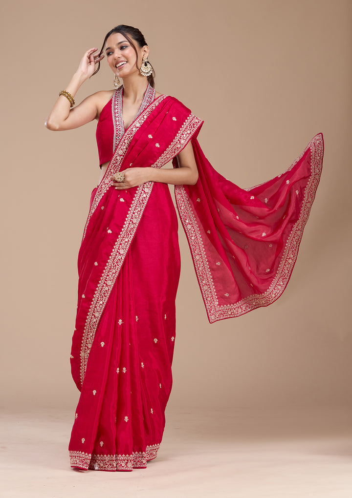 Rani Pink Satin Cording Saree With Matching Blouse Piece