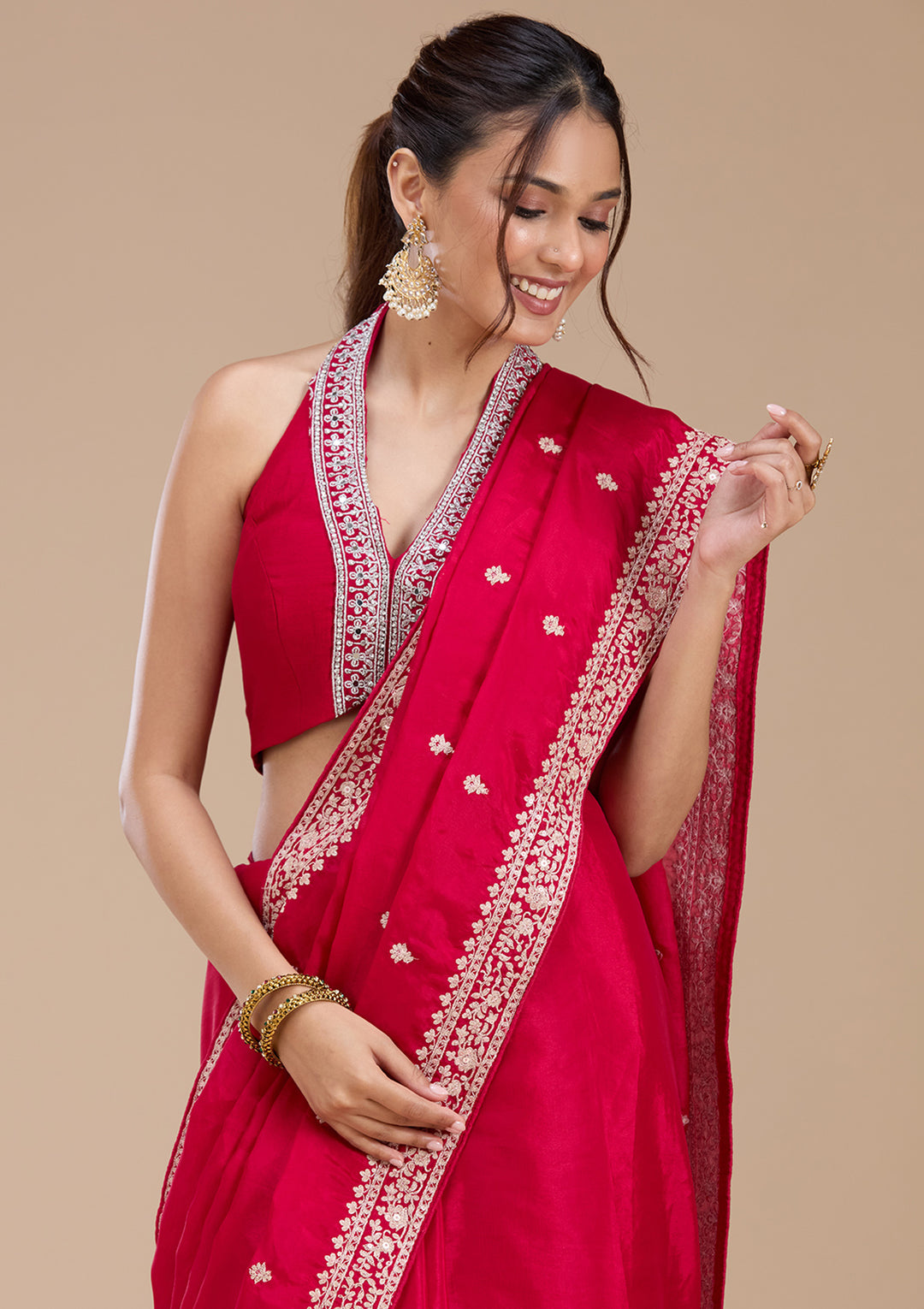 Rani Pink Satin Cording Saree With Matching Blouse Piece