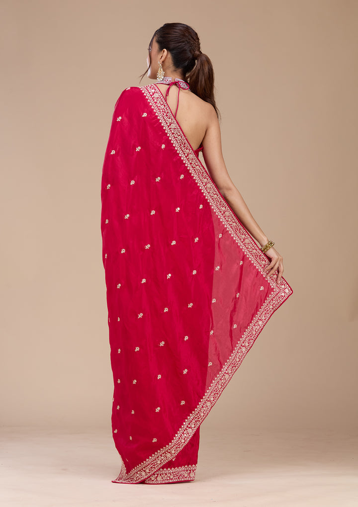 Rani Pink Satin Cording Saree With Matching Blouse Piece