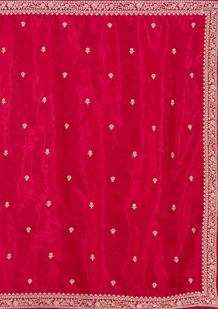 Rani Pink Satin Cording Saree With Matching Blouse Piece