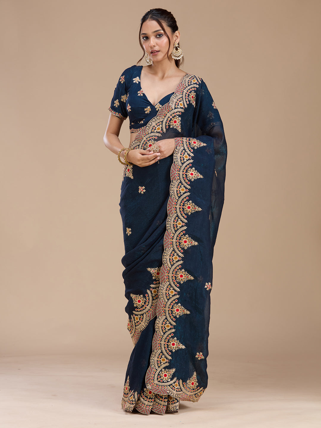 Peacock Blue Georgette Cording Saree With Matching Blouse Piece