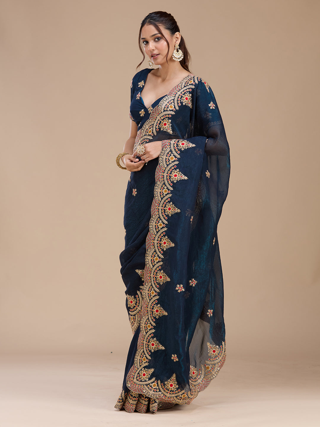Peacock Blue Georgette Cording Saree With Matching Blouse Piece
