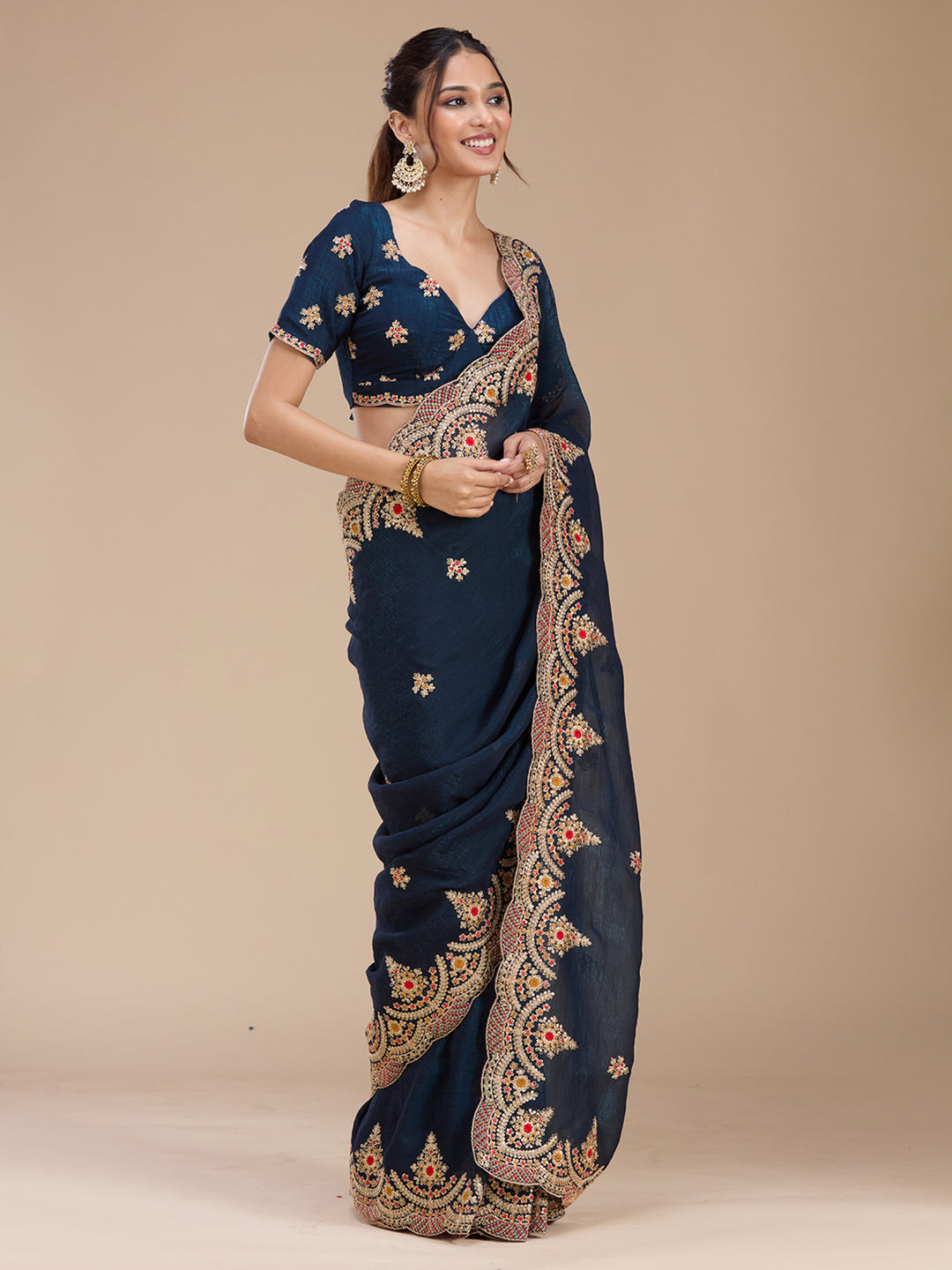 Peacock Blue Georgette Cording Saree With Matching Blouse Piece
