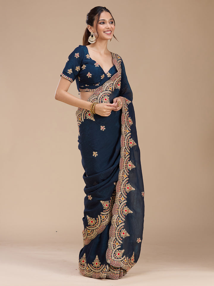 Peacock Blue Georgette Cording Saree With Matching Blouse Piece
