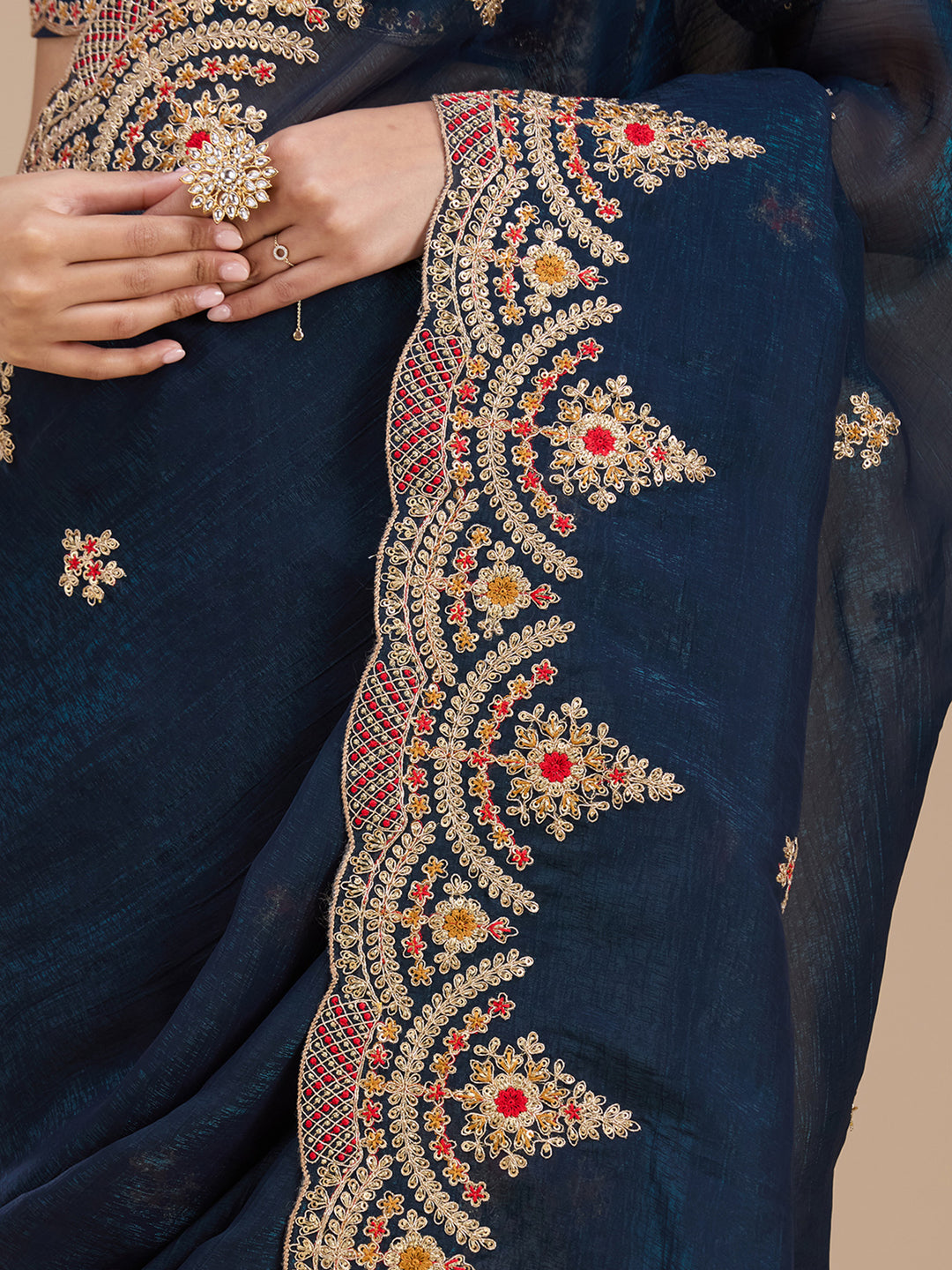 Peacock Blue Georgette Cording Saree With Matching Blouse Piece