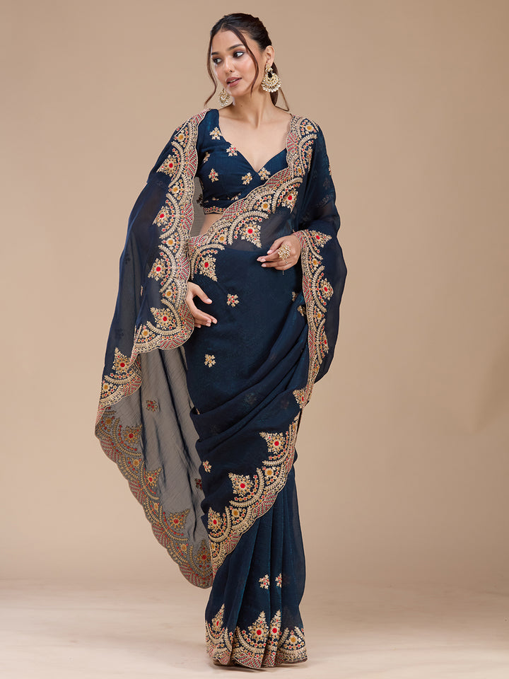 Peacock Blue Georgette Cording Saree With Matching Blouse Piece