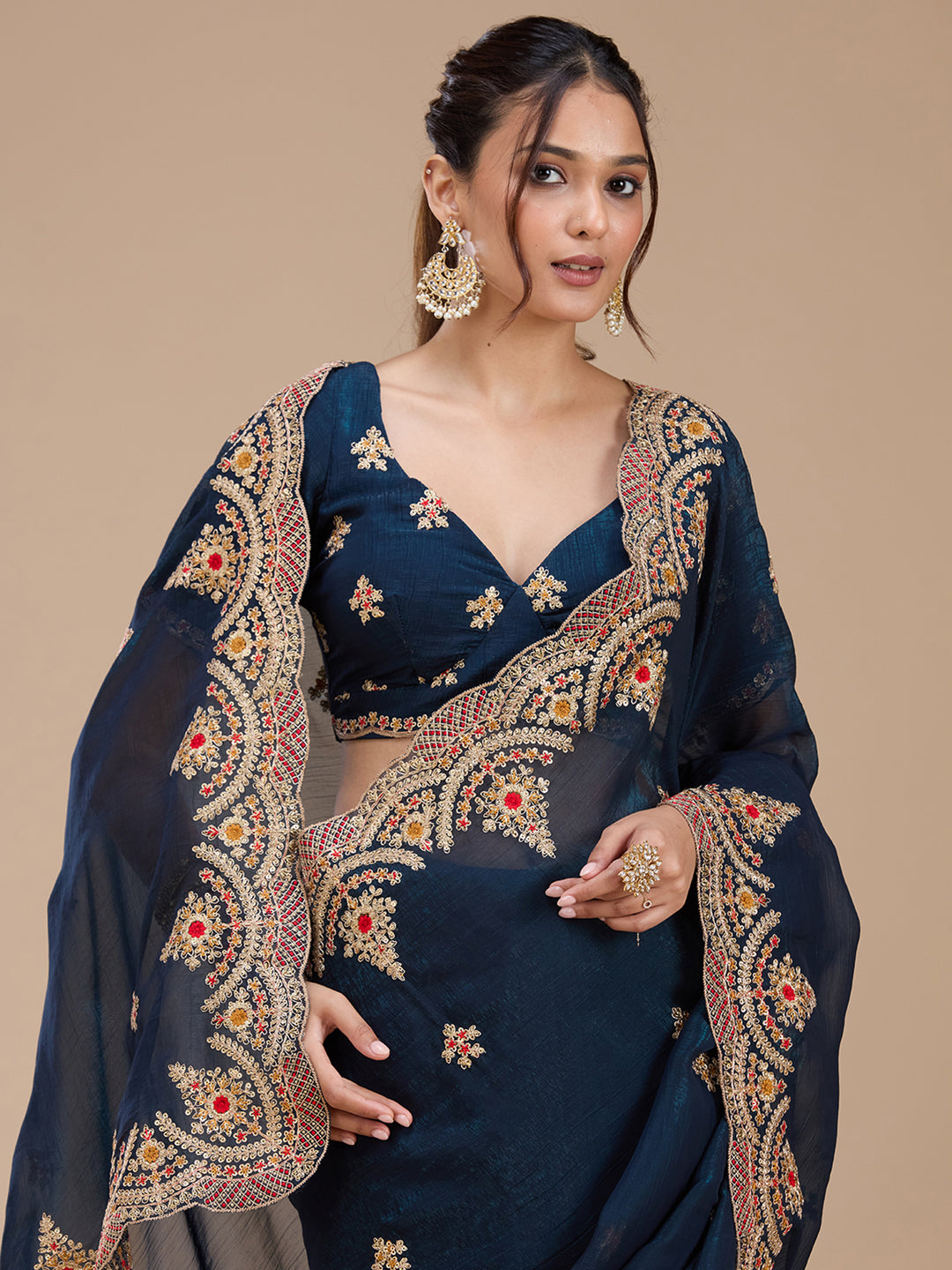 Peacock Blue Georgette Cording Saree With Matching Blouse Piece