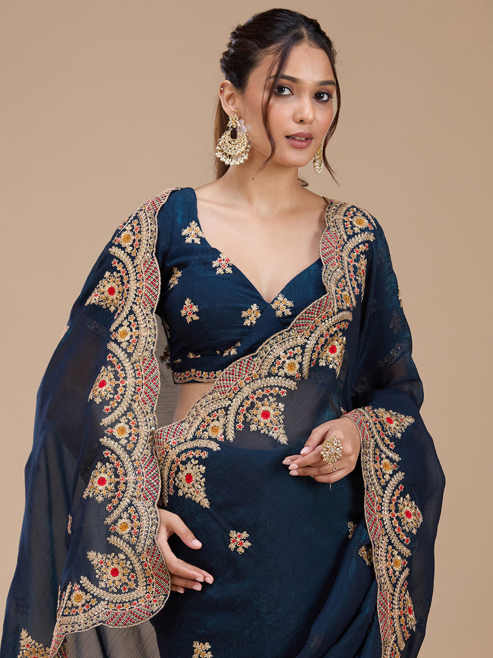 Peacock Blue Georgette Cording Saree With Matching Blouse Piece