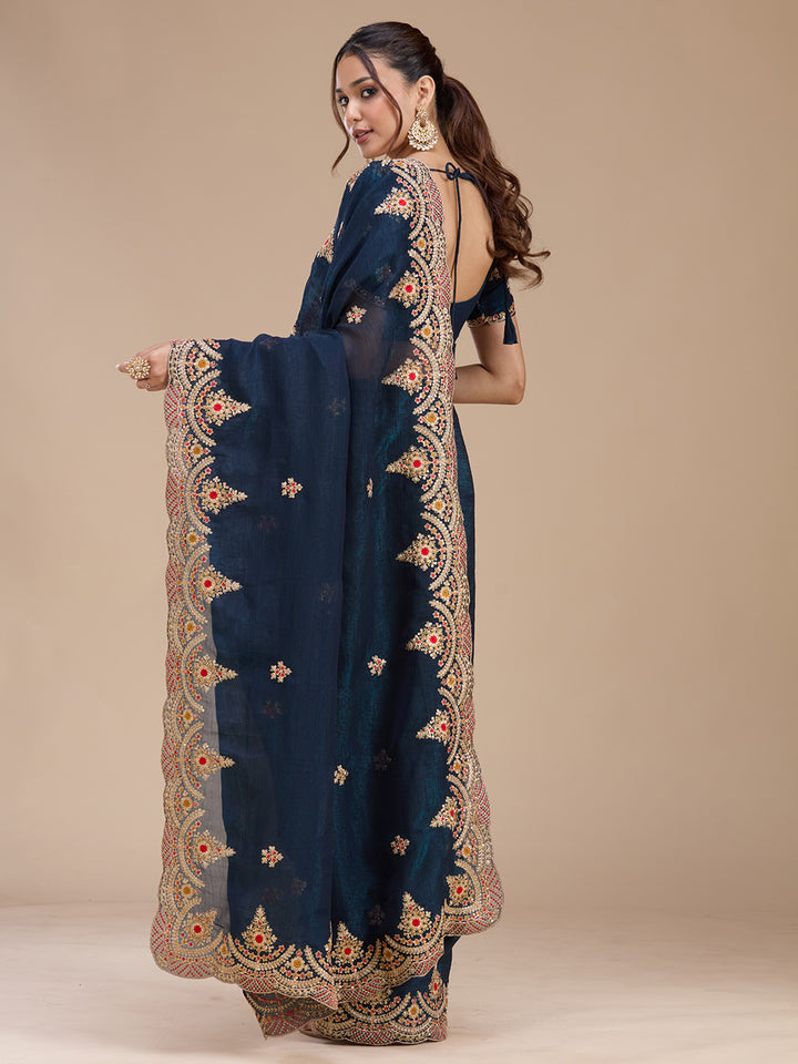 Peacock Blue Georgette Cording Saree With Matching Blouse Piece
