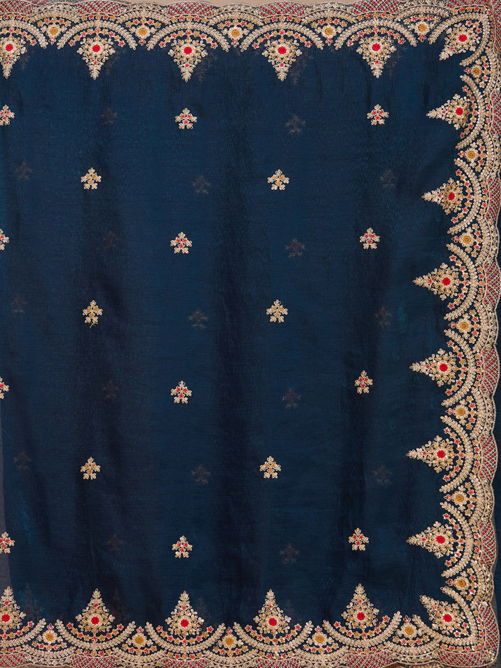 Peacock Blue Georgette Cording Saree With Matching Blouse Piece