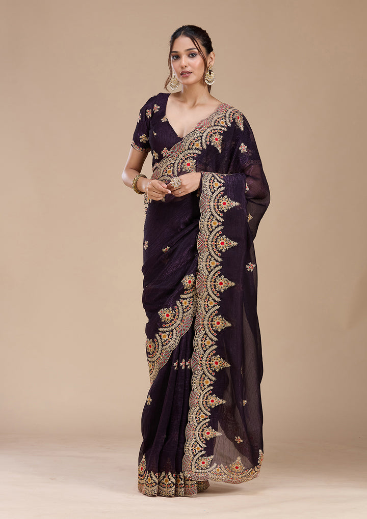 Purple Georgette Cording Saree With Matching Blouse Piece