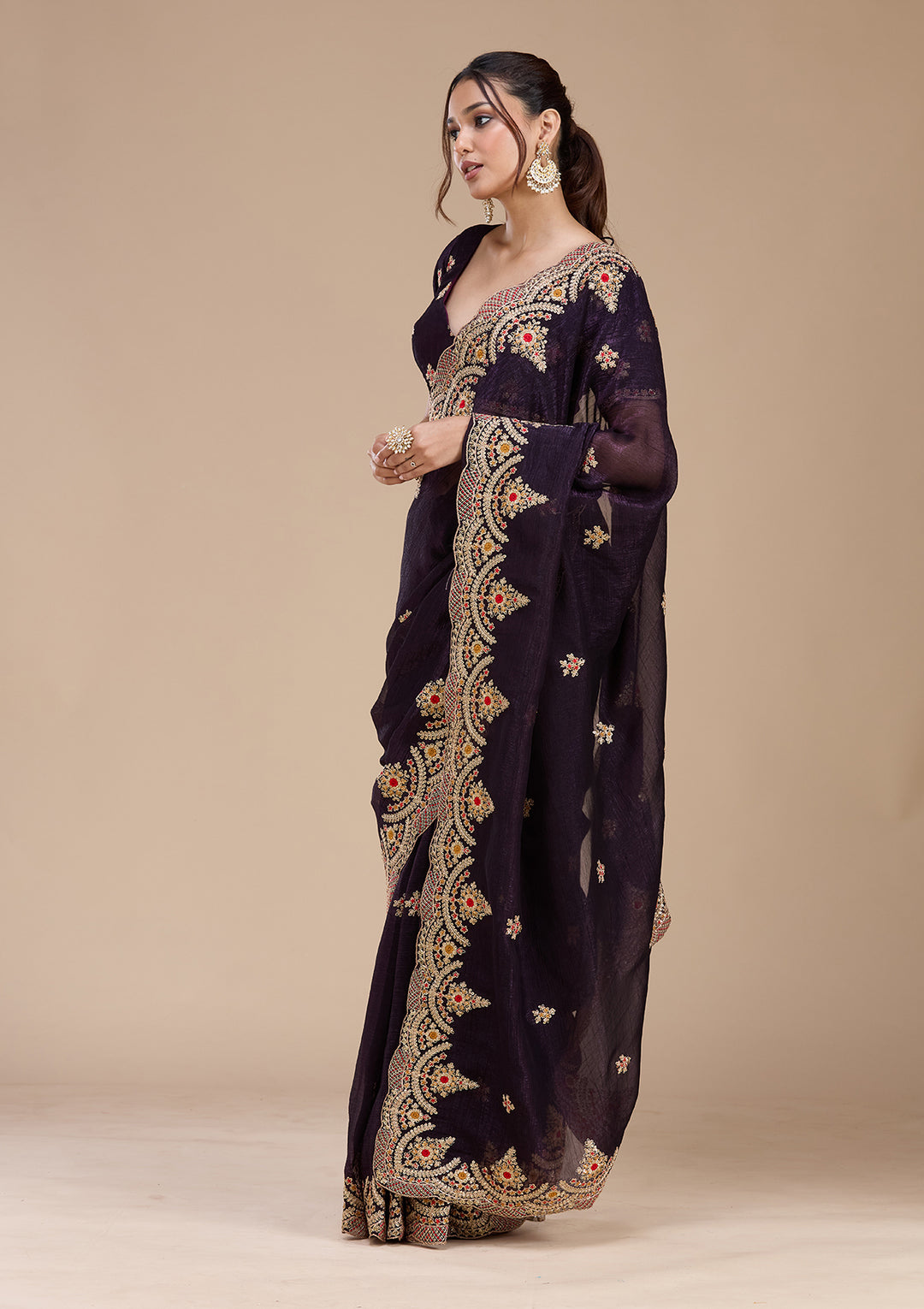 Purple Georgette Cording Saree With Matching Blouse Piece
