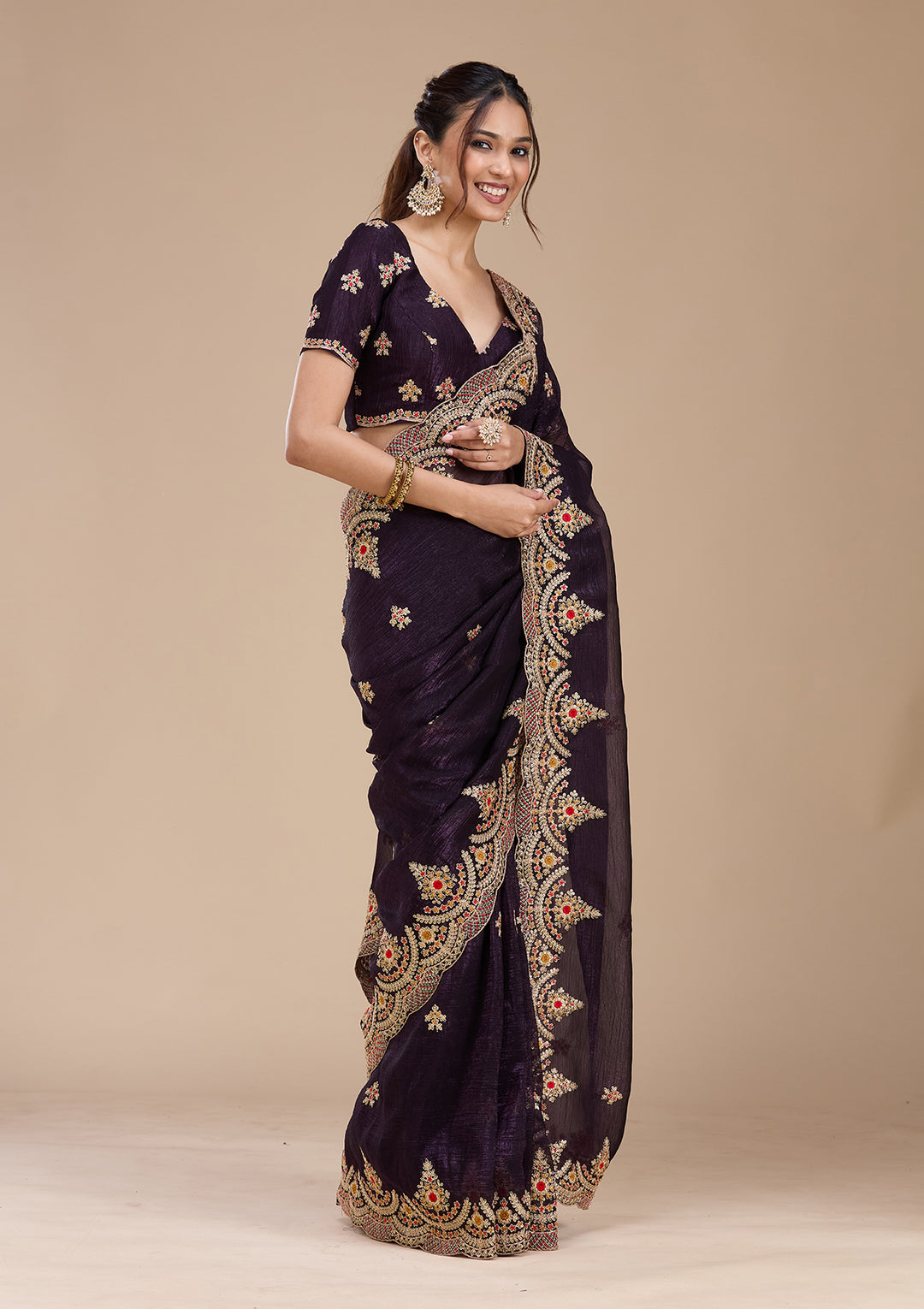 Purple Georgette Cording Saree With Matching Blouse Piece