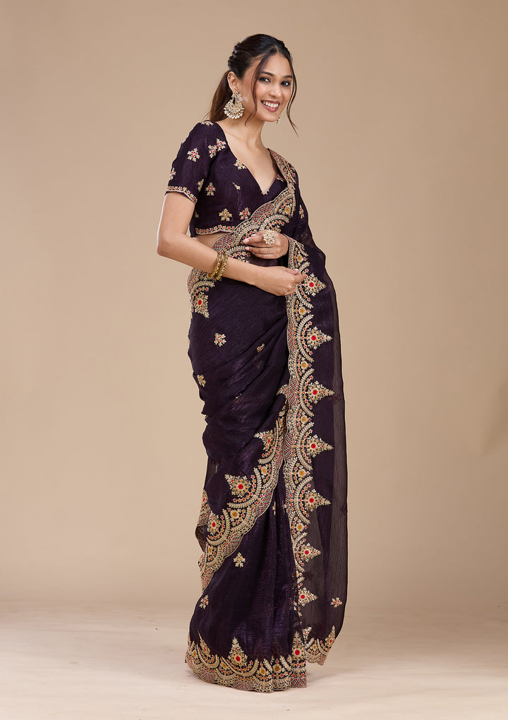 Purple Georgette Cording Saree With Matching Blouse Piece