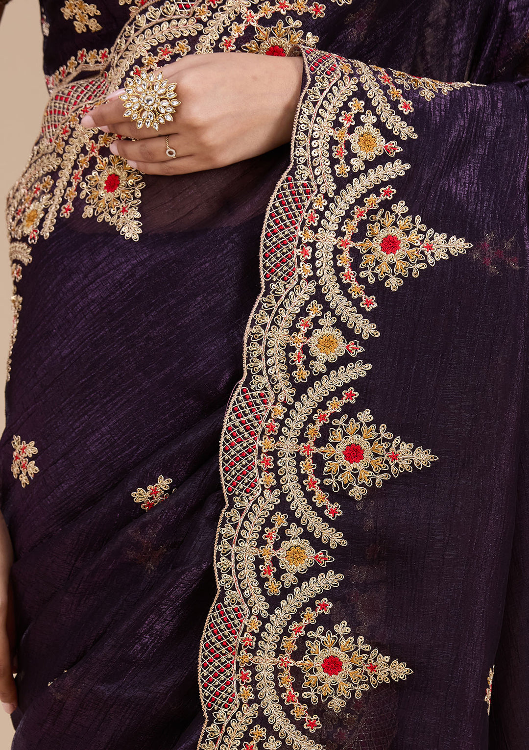 Purple Georgette Cording Saree With Matching Blouse Piece