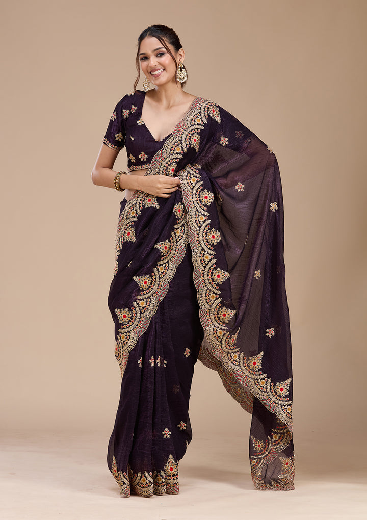 Purple Georgette Cording Saree With Matching Blouse Piece