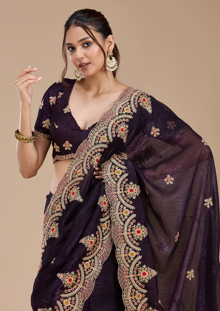 Purple Georgette Cording Saree With Matching Blouse Piece