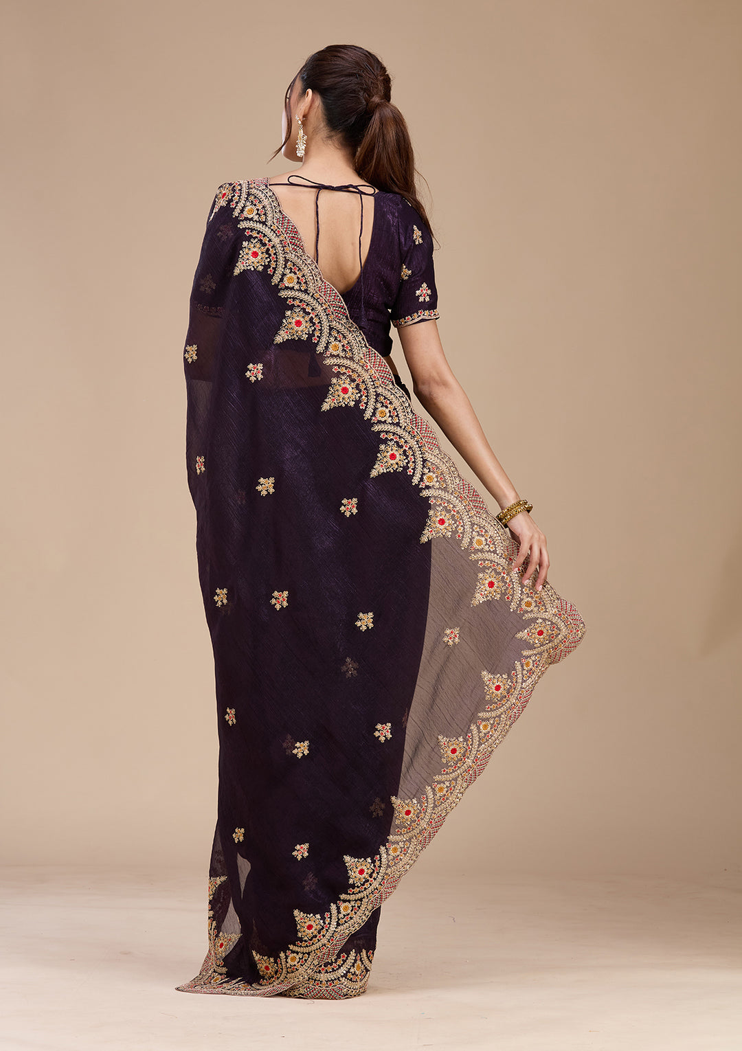 Purple Georgette Cording Saree With Matching Blouse Piece