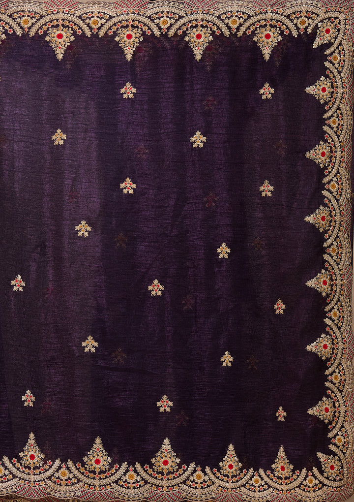 Purple Georgette Cording Saree With Matching Blouse Piece