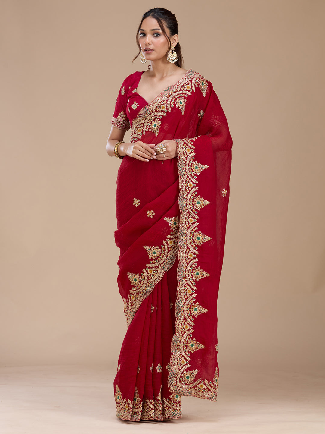 Red Georgette Cording Saree With Matching Blouse Piece