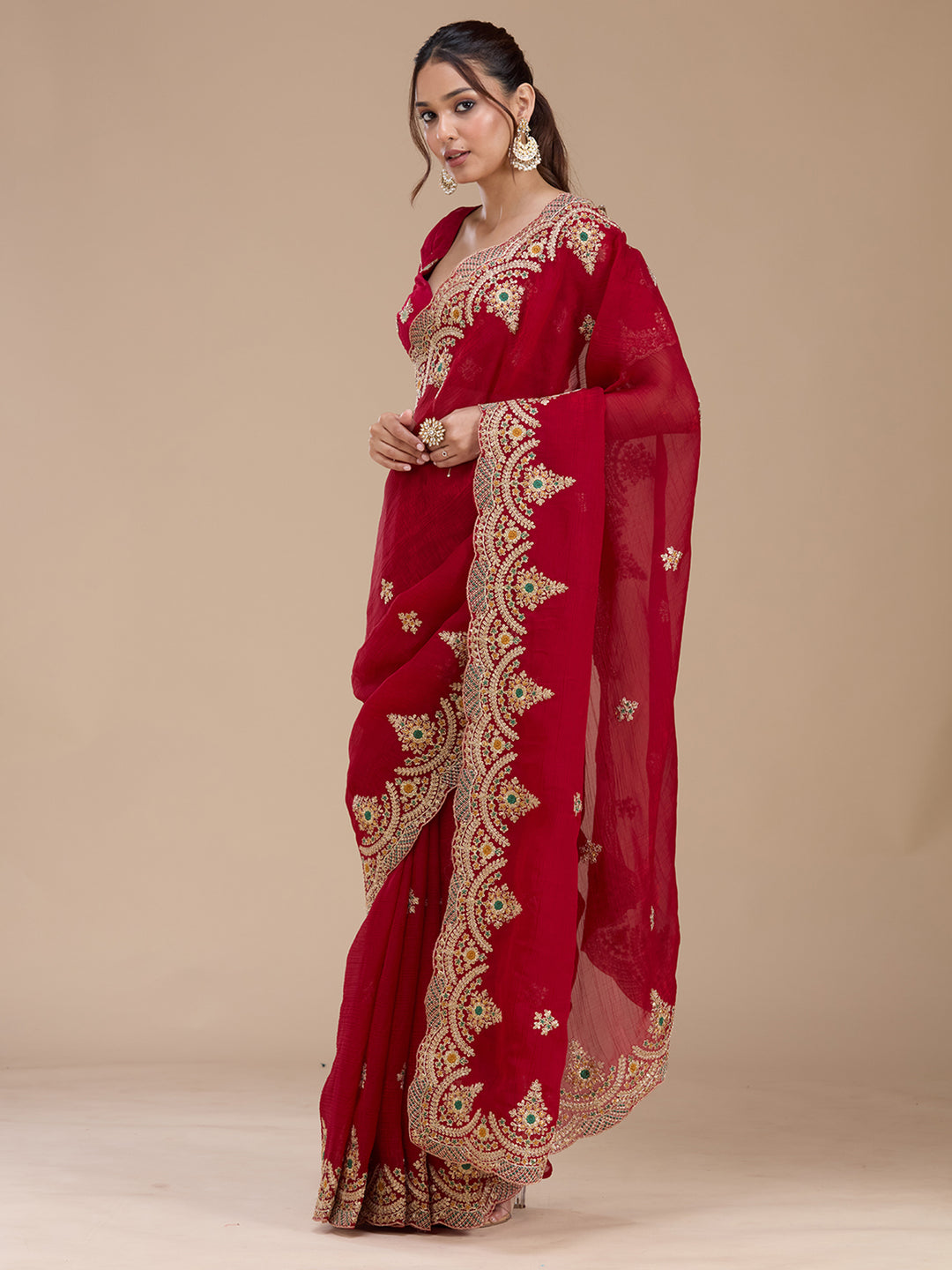 Red Georgette Cording Saree With Matching Blouse Piece