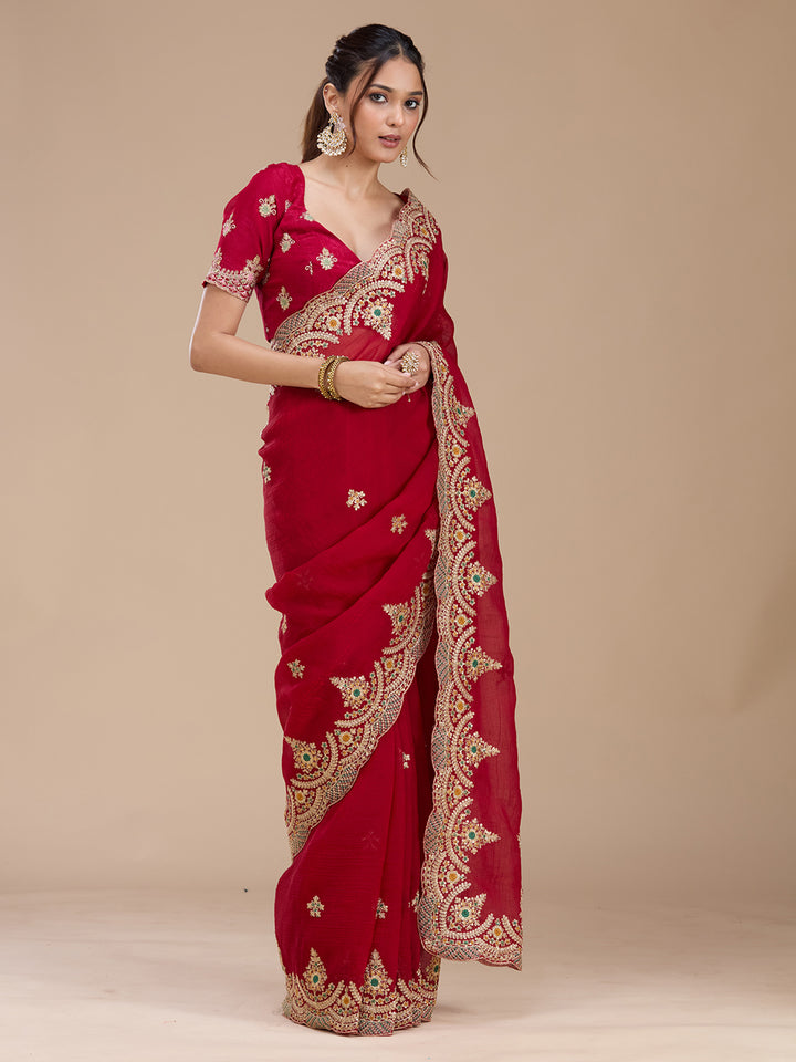 Red Georgette Cording Saree With Matching Blouse Piece
