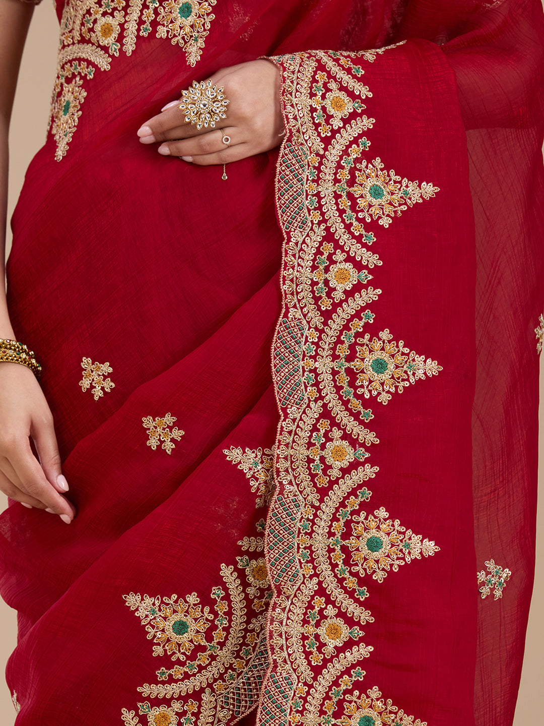 Red Georgette Cording Saree With Matching Blouse Piece
