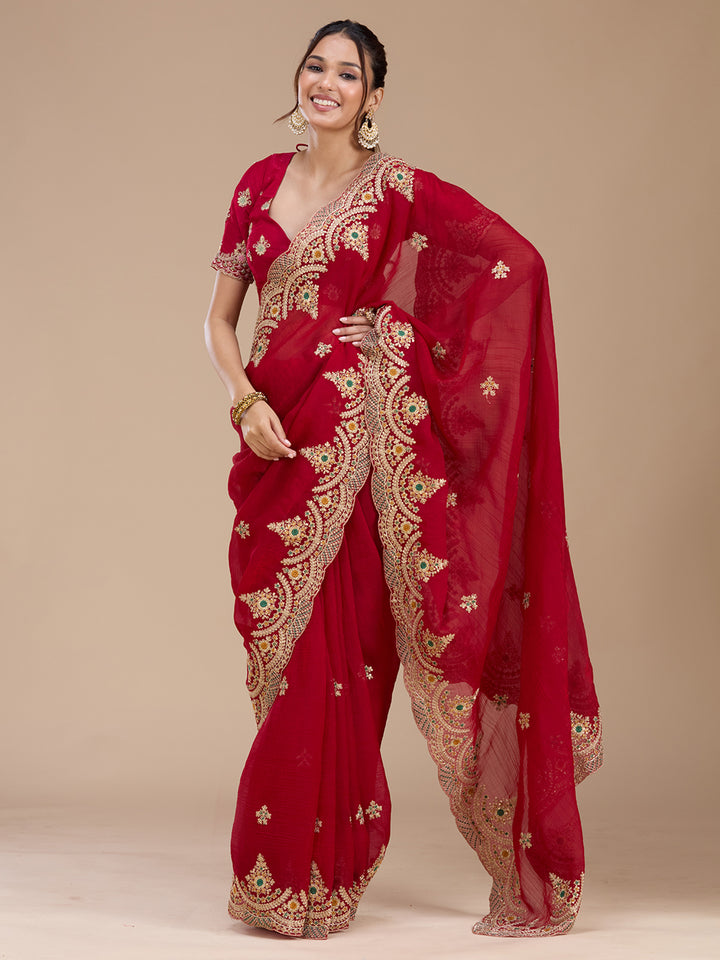 Red Georgette Cording Saree With Matching Blouse Piece