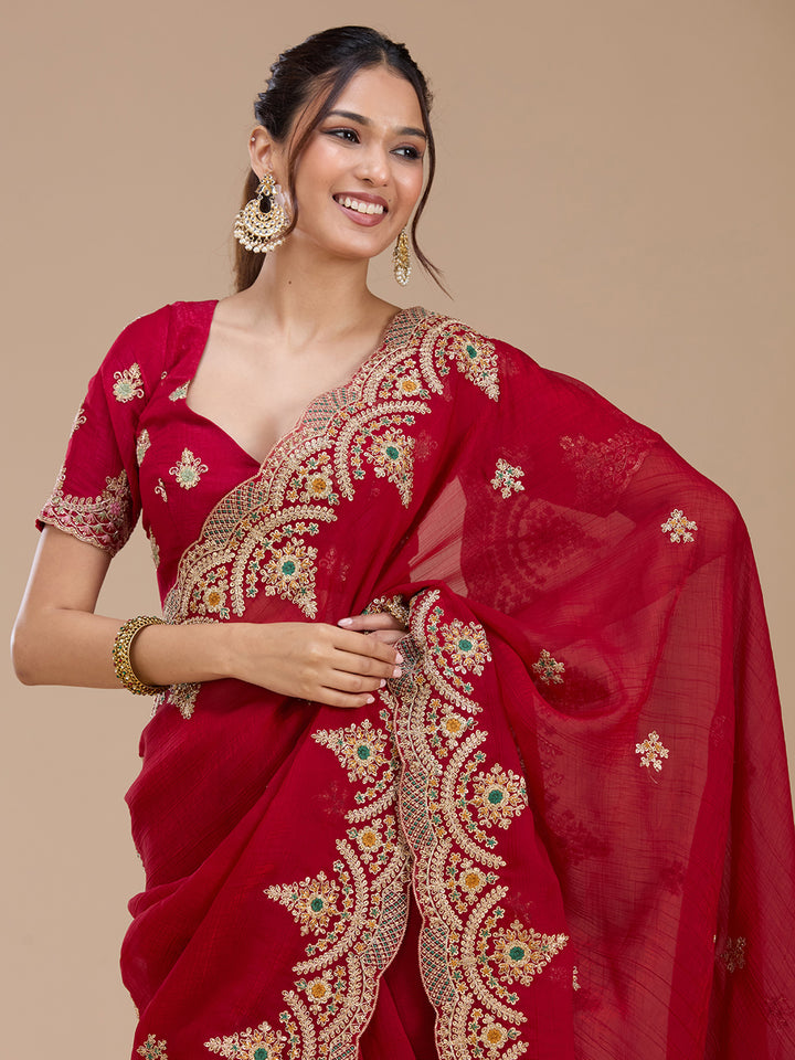 Red Georgette Cording Saree With Matching Blouse Piece