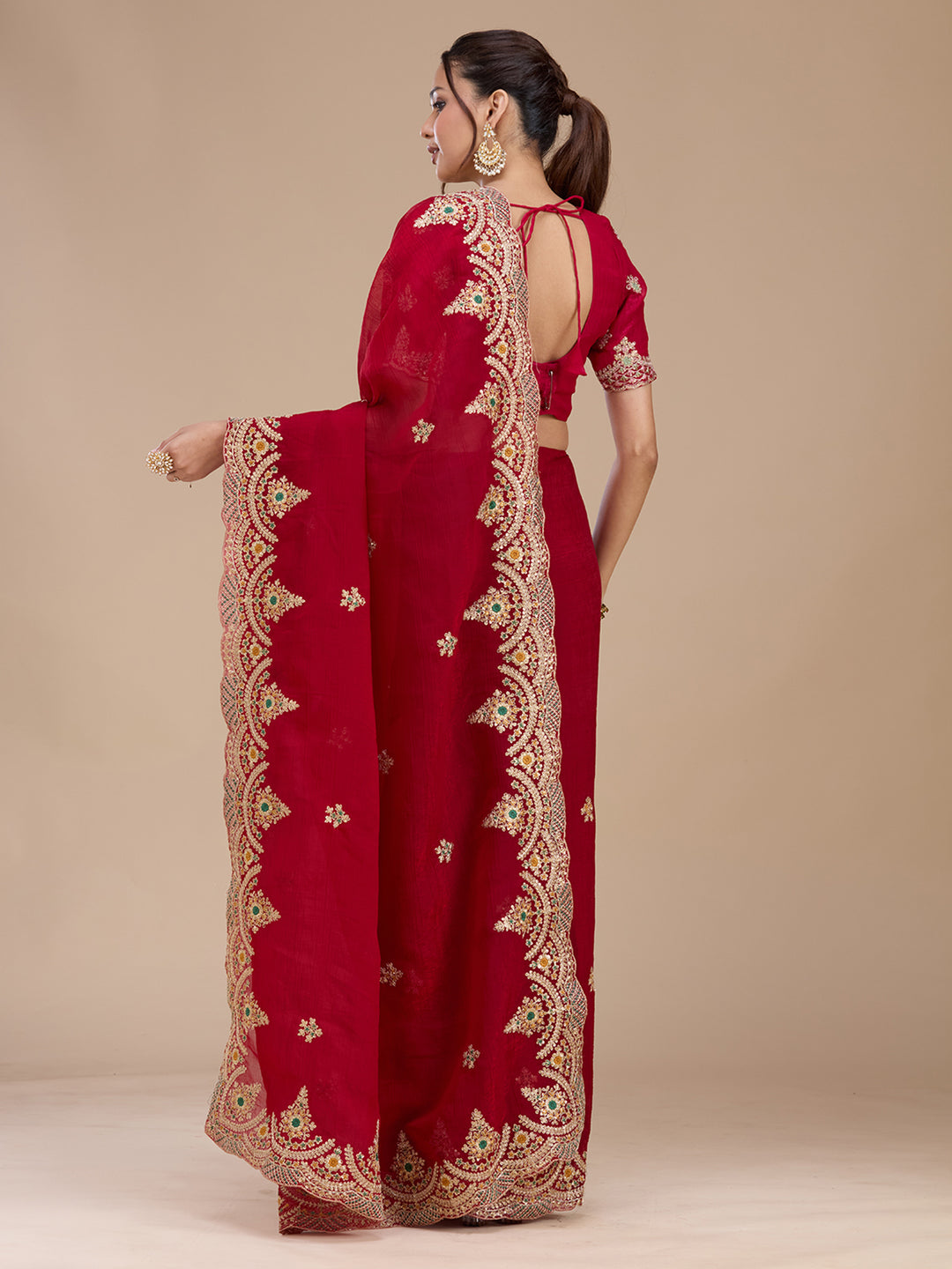 Red Georgette Cording Saree With Matching Blouse Piece