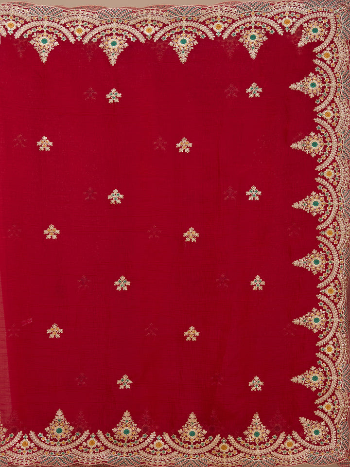 Red Georgette Cording Saree With Matching Blouse Piece