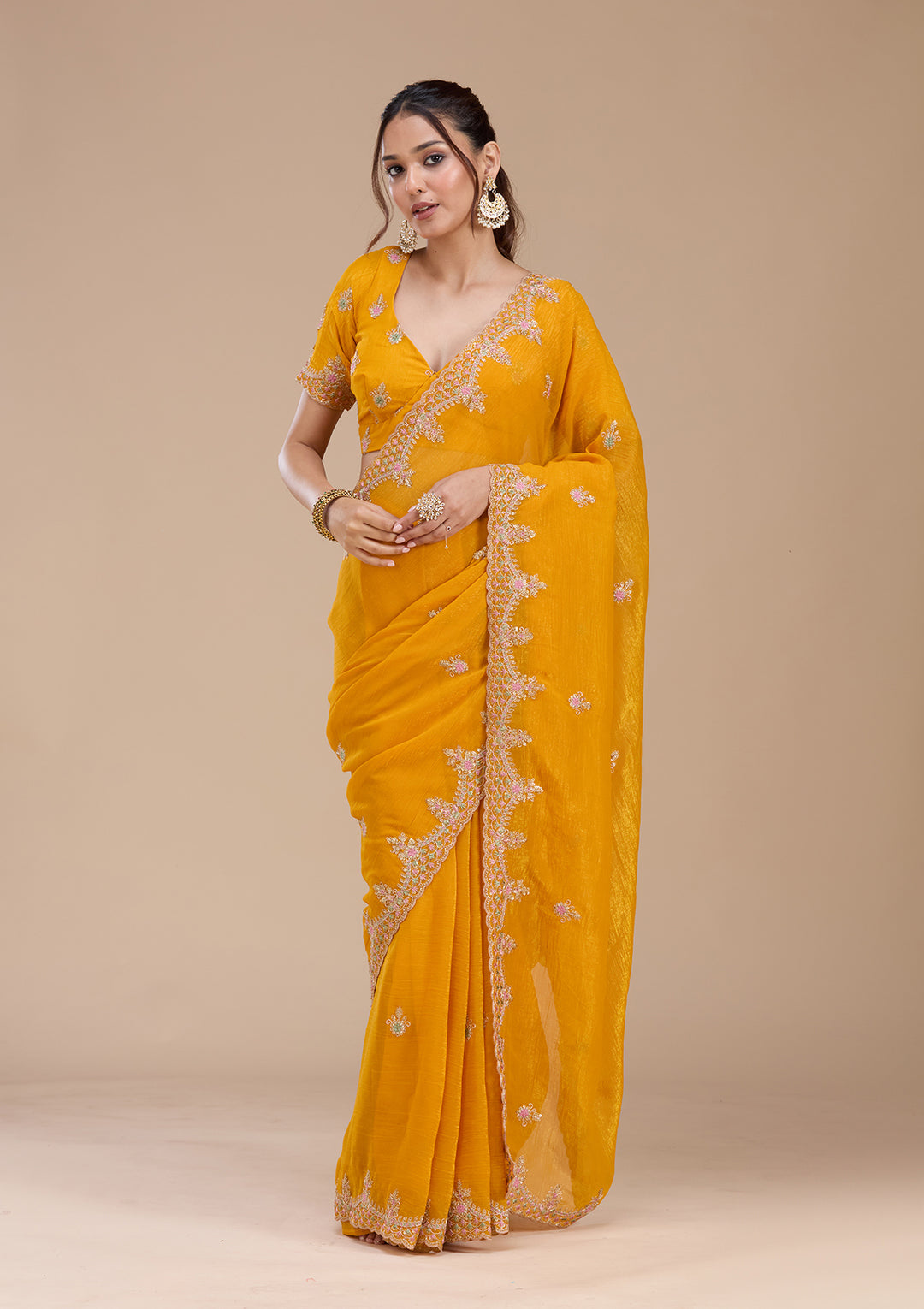 Mustard Cording Tissue Saree