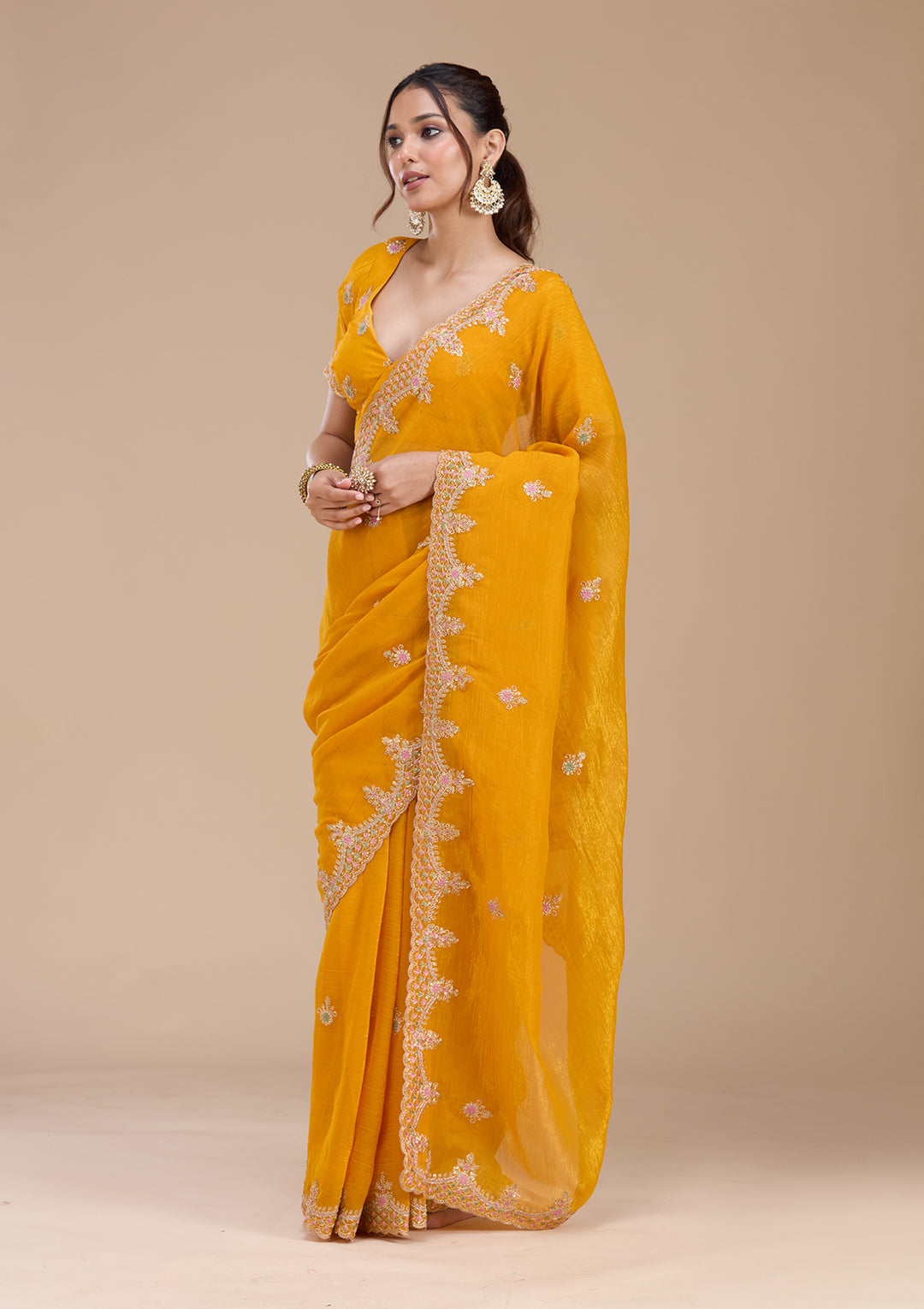 Mustard Cording Tissue Saree