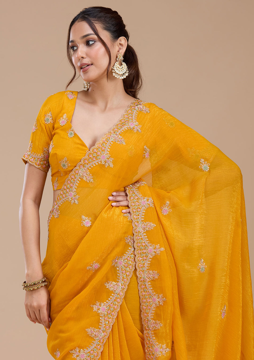 Mustard Cording Tissue Saree