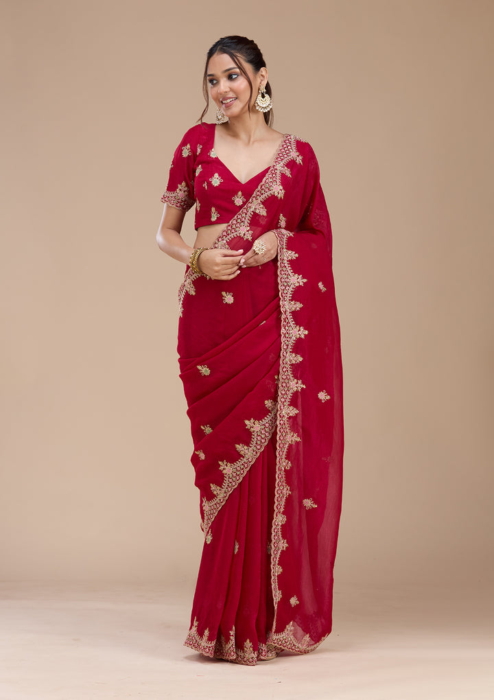 Rani Pink Tissue Cording Saree With Matching Blouse Piece