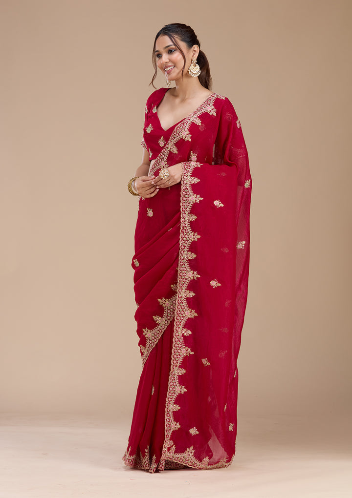 Rani Pink Tissue Cording Saree With Matching Blouse Piece