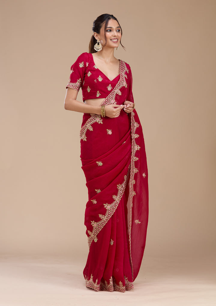 Rani Pink Tissue Cording Saree With Matching Blouse Piece