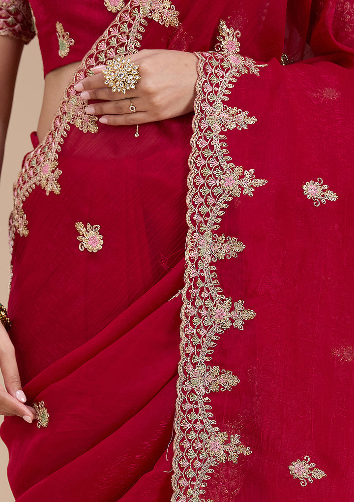 Rani Pink Tissue Cording Saree With Matching Blouse Piece