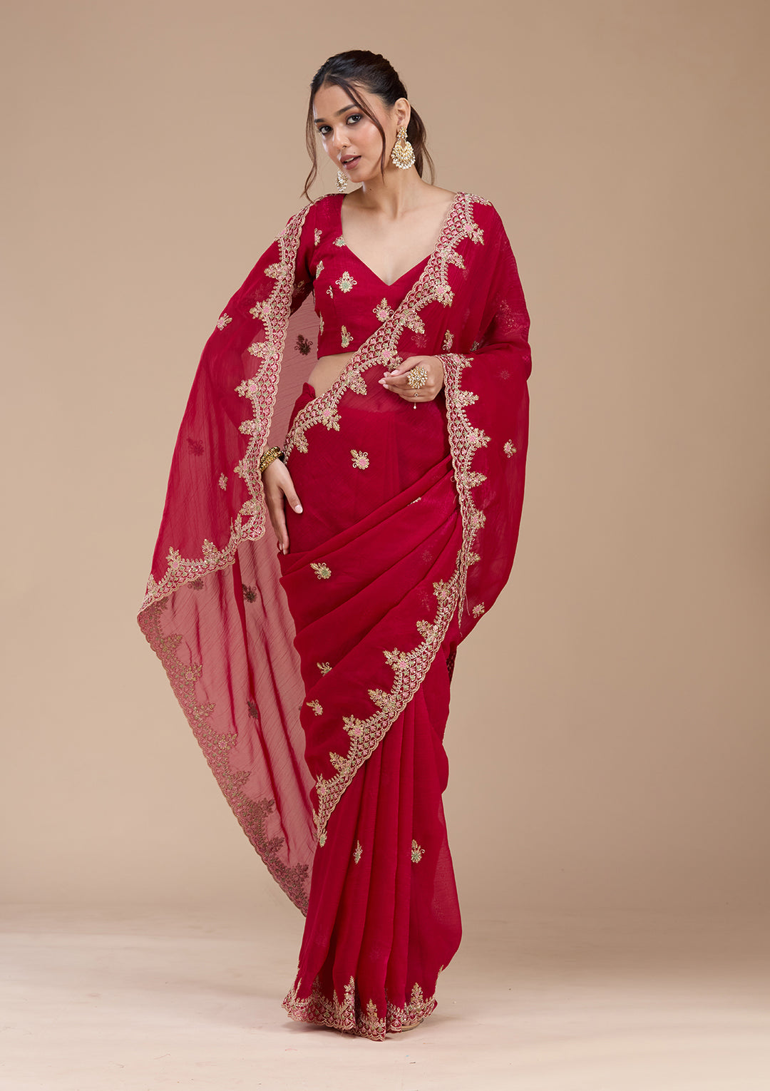 Rani Pink Tissue Cording Saree With Matching Blouse Piece