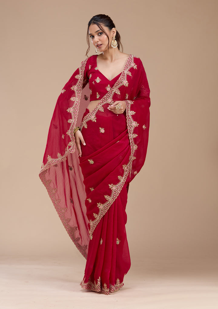 Rani Pink Tissue Cording Saree With Matching Blouse Piece