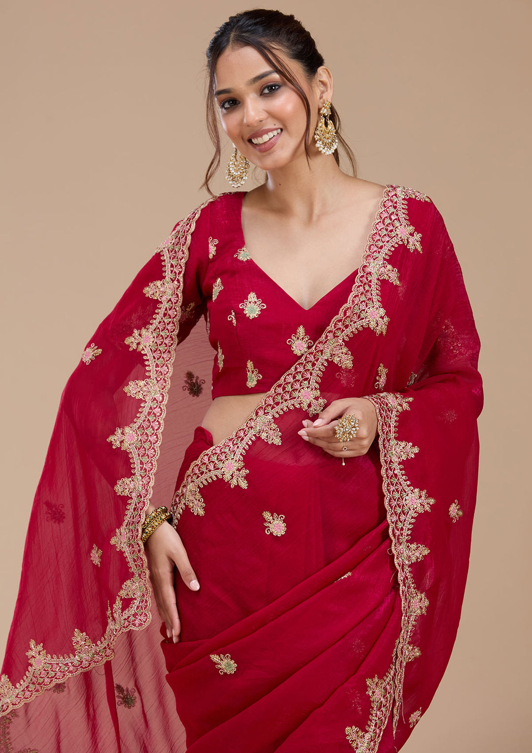 Rani Pink Tissue Cording Saree With Matching Blouse Piece