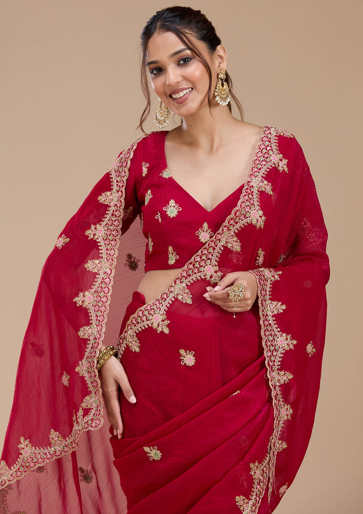 Rani Pink Tissue Cording Saree With Matching Blouse Piece
