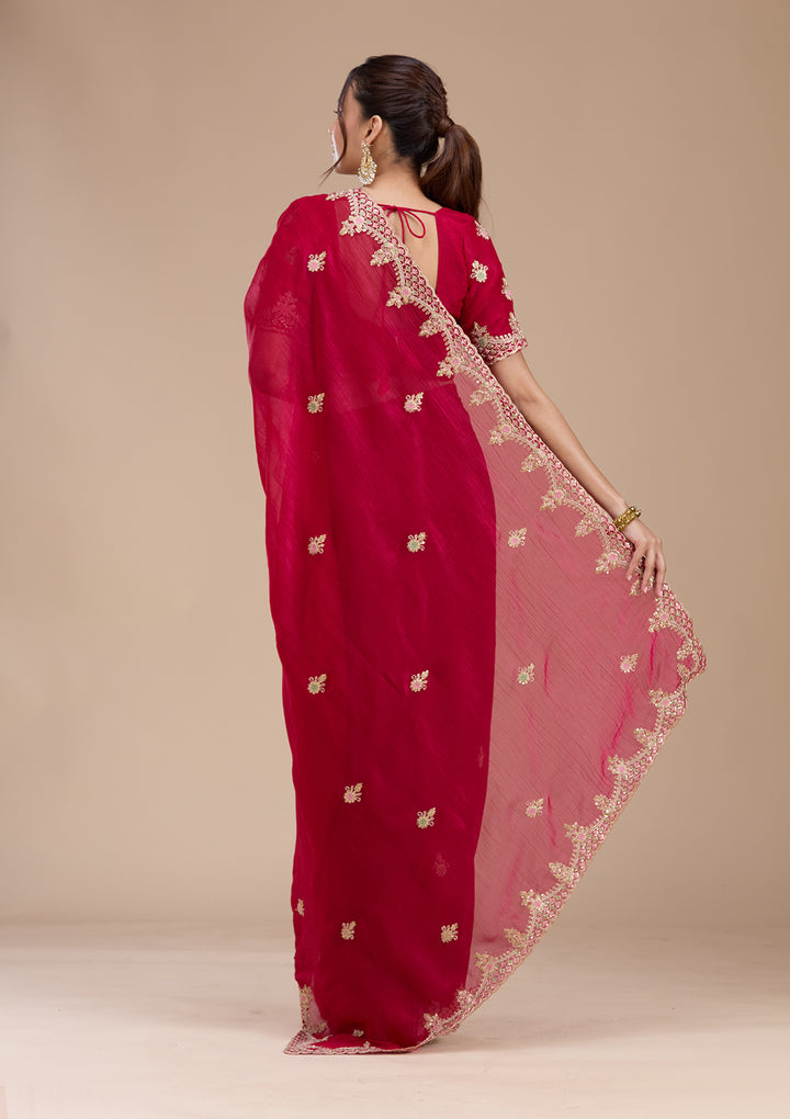 Rani Pink Tissue Cording Saree With Matching Blouse Piece